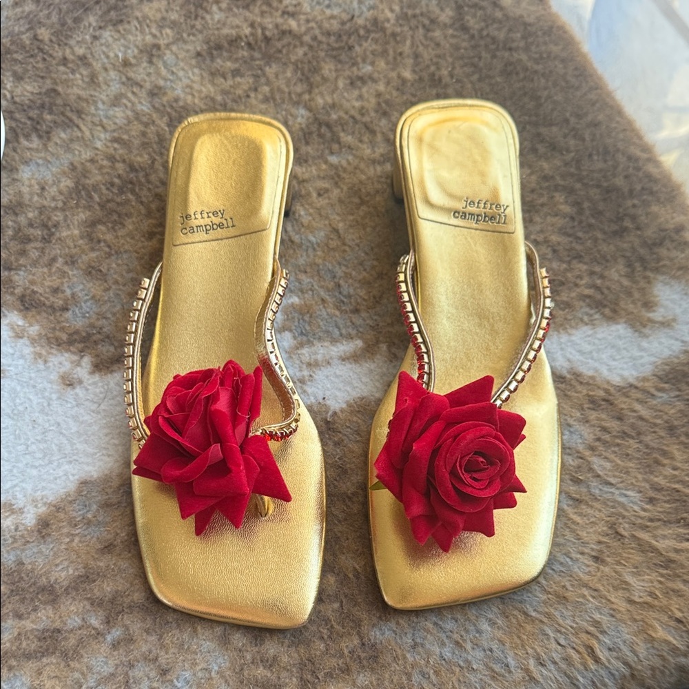 Jeffrey Campbell Gold Heels with Red Floral Accent